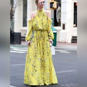 Self Portrait S Dress Floral Yellow Pleated Cold Shoulder Maxi Flowy